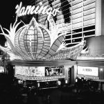 A classic view of the old Flamingo Hotel entrance in black and white.